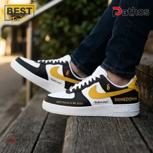 Shinedown x Bush Australia 2026 Custom Name Air Force 1 2 Custom Shinedown tour sneakers with yellow swoosh, black and white panels, and Australia & NZ 2026 text on wooden steps.!