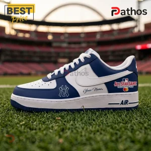New York Yankees 2026 All-Star Game Nike Air Force 1 Low Sneakers 3 New York Yankees themed sneaker with white leather, navy blue accents, MLB All-Star Game 2026 branding, and custom text.!
