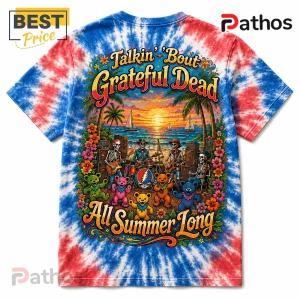 Grateful Dead Summer Vibes Tie-Dye Dancing Bear Graphic T-Shirt 2 Red and blue tie-dye t-shirt featuring Grateful Dead skeletons playing music on a beach with dancing bears and floral frame.!