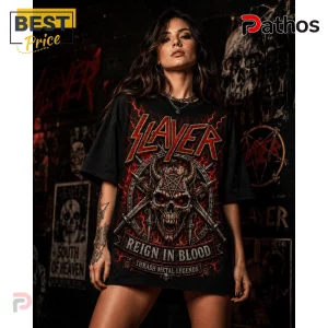 Woman wearing oversized black Slayer Reign in Blood t-shirt with red lightning, demon skull, and sword graphic art.!