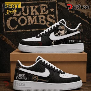 Luke Combs x Fast Car Signature Custom Air Force 1 Shoes 1 Luke Combs themed sneakers with black leather, white swoosh, artist portrait, acoustic guitar print, and Fast Car text.!