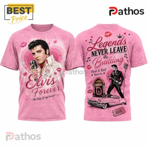Elvis Presley Pink Forever King of My Heart Graphic T-Shirt 1 Pink Elvis Presley T-shirt featuring portrait, microphone, juke box, Cadillac, and text Legends Never Leave the Building.!