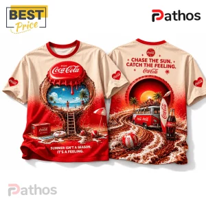 Cream and red Coca-Cola print t-shirt featuring beach scenery inside a bottle cap and a vintage bus graphic on back.!