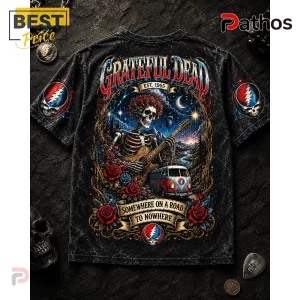 Grateful Dead Somewhere On A Road To Nowhere Cotton T-Shirt 2 Black Grateful Dead t-shirt with skeleton playing guitar, red roses, vintage van, and text Somewhere on a Road to Nowhere.!