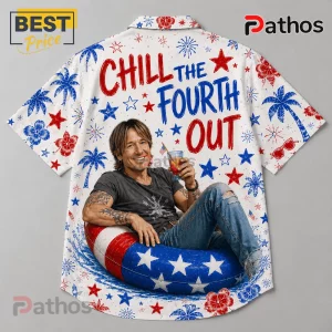 White short-sleeve button-down shirt featuring Keith Urban, red, white, and blue stars, palm trees, and fireworks pattern.!