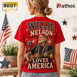 Willie Nelson America 250th Anniversary Music Legend T-Shirt 5 Red cotton t-shirt featuring Willie Nelson playing acoustic guitar with patriotic text and fireworks graphics on the back.!
