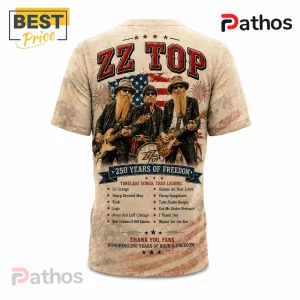 ZZ Top America 250 Honoring Freedom Rock Band Patriotic Shirt 4 ZZ Top band graphic t-shirt featuring band members, an American flag background, and song titles in cream and red colors.!