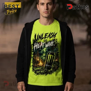Monster Energy Neon Green Summer Runs Wild T-Shirt 3 Man wearing lime green t-shirt with Monster Energy branding, beach campfire, surfboards, and text heat wave graphics.!