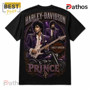 Black cotton t-shirt featuring Prince playing guitar with a purple Harley-Davidson motorcycle and vintage lettering.!
