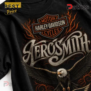 Black cotton t-shirt featuring a Harley-Davidson logo, Aerosmith band lettering, and a detailed bald eagle graphic.!