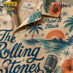 Tan button-down shirt with tropical hibiscus flowers, palm trees, a microphone, and The Rolling Stones logo in blue ink.!