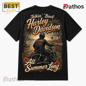 Harley-Davidson Summer Vibes Motorcycle Beach T-Shirt 3 Black cotton t-shirt featuring a back print of a motorcyclist riding toward a beach sunset with Harley-Davidson branding.!