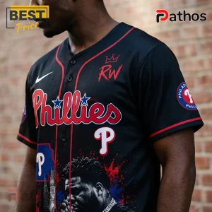 Black Philadelphia Phillies baseball jersey with red pinstripes, RW logo, and custom graphic print against brick background.!