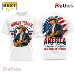 White t-shirt showing front and back prints of Dwight Yoakam playing acoustic guitar with patriotic American flag graphics.!
