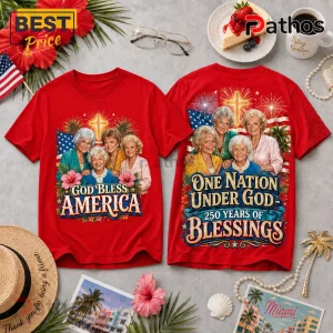 Red cotton t-shirts featuring The Golden Girls characters, patriotic American flags, crosses, and floral designs.!