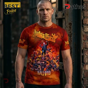 Judas Priest Rob Halford Inferno Battle Scene Apparel T-Shirt 3 Judas Priest graphic t-shirt featuring Rob Halford and fantasy monsters on a red and orange tie-dye background.!