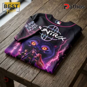 Oakland Athletics Kpop Demon Hunters Night Black Baseball Jersey 1 Black K-pop style baseball jersey with purple lightning, neon cat eyes, and text reading KPP DEMON HUNTRX on wooden table.!
