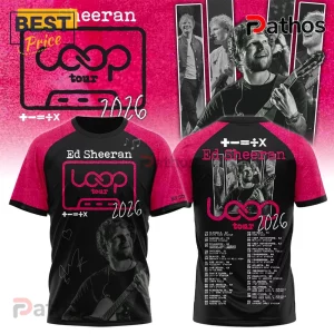 Ed Sheeran Loop Tour 2026 Pink Black Concert Hoodie 2 Ed Sheeran Mathematics Tour 2026 black and pink t-shirt with musician photo, tracklist, and loop tour logo graphic print.!