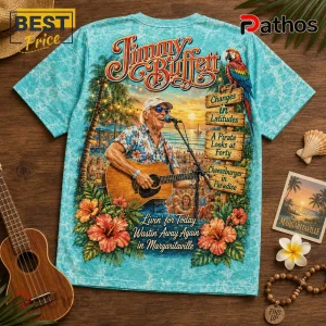 Jimmy Buffett Margaritaville Paradise Song Titles Island T-Shirt 2 Jimmy Buffett t-shirt with tropical tie-dye print, acoustic guitar graphic, parrot, and song titles on wooden signs.!