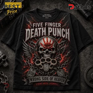 Black cotton t-shirt featuring Five Finger Death Punch graphic with skull, brass knuckles, chains, and red lightning.!