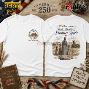 America 250th Anniversary 1776-2026 Limited Edition T-Shirt 1 White crew neck t-shirt featuring America 250th anniversary graphic with pioneer family, covered wagon, and cabin design.!