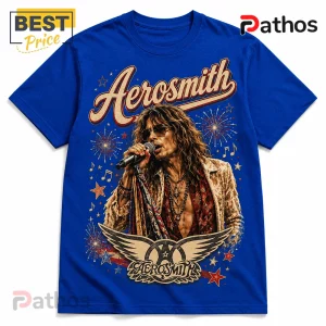 Aerosmith Red White And Blue Vintage Royal Blue Shirt 2 Royal blue Aerosmith t-shirt featuring Steven Tyler singing, fireworks, stars, and the band logo with winged crest.!