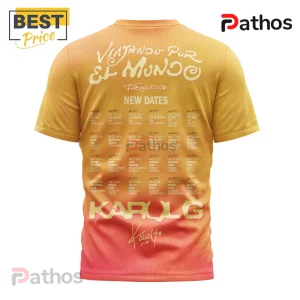 Karol G Tropitour Viajando Por El Mundo Tour Graphic T-Shirt 2 Karol G Tropitour t-shirt with orange-to-red gradient, featuring tour cities, dates, and artist signature on the back.!