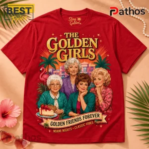 The Golden Girls Illustrated Red Crewneck Casual Shirt 1 Red cotton crewneck t-shirt featuring The Golden Girls graphic, Miami skyline, flamingo, and cheesecake illustration.!