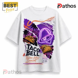White crew neck t-shirt featuring Taco Bell logo, neon bell icon, tacos, and palm trees with purple and orange graphics.!