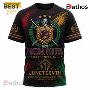 Omega Psi Phi Fraternity Juneteenth 1911 Legacy Black Shirt 3 Omega Psi Phi Juneteenth black t-shirt with knight helmet, crest, crossed swords, and raised fist graphic.!