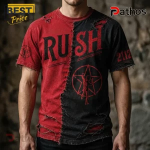 Split-design red and black distressed Rush band t-shirt with 2112 text and star-man graphic on a person.!