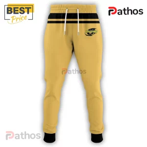 Gold athletic joggers featuring Carolina Hurricanes logo, black waistband, and white drawstrings on a white background.!
