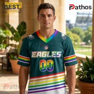 Philadelphia Eagles dark green jersey with rainbow striped collar, sleeves, logo text, number 00, and lower hem.!