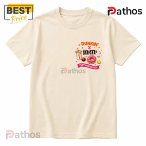 Dunkin x M&M's 250th Anniversary Limited Edition T-Shirt 3 Beige cotton t-shirt with Dunkin x M&M's 250th anniversary graphic featuring an iced coffee and pink frosted donut.!