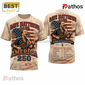 Dave Matthews Band t-shirt with American flag print, acoustic guitar graphic, song list, and 250th anniversary text.!