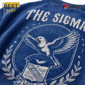 Blue cotton t-shirt featuring distressed white screen-printed graphic of a bird over a shield with The Sigma text.!