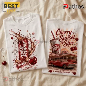 Two white cotton t-shirts featuring vintage Dr Pepper soda graphics, ice cubes, cherries, and retro car art.!
