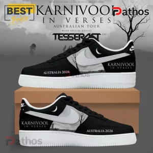 Karnivool In Verses Australia 2026 custom black and white leather sneakers with crescent moon and tree graphic.!