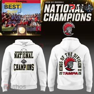White hooded sweatshirt featuring 2026 NCAA DII Baseball National Champions text and Tampa Spartan mascot graphics.!