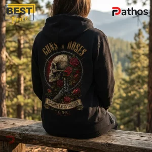 Black hoodie featuring a Guns N' Roses graphic with a skull, red roses, revolver, and the text Nothing Lasts Forever.!