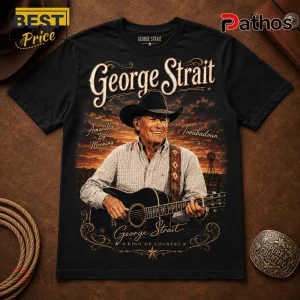 Black cotton t-shirt featuring a George Strait portrait with guitar, sunset background, and country music text graphics.!