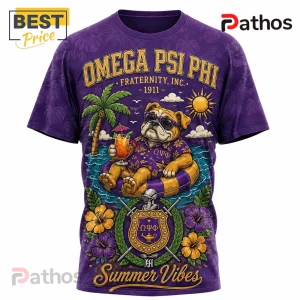 Omega Psi Phi Summer Vibes Fraternity Crest Bulldog T-Shirt 3 Omega Psi Phi purple crew neck t-shirt with a cartoon bulldog in sunglasses, tropical flowers, and fraternity crest logo.!
