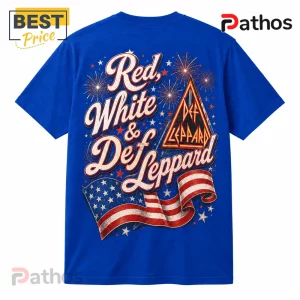Def Leppard Vintage Rock Band Patriotic Crewneck T-Shirt 3 Royal blue t-shirt featuring Def Leppard logo, patriotic American flag, firework graphics, and Red, White & Def Leppard text.!