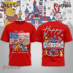 Winnie the Pooh Patriotic America 250th Anniversary Shirt 2 Red graphic t-shirt featuring Winnie the Pooh characters, US flag, and 1776-2026 America 250th anniversary text design.!