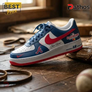Custom Atlanta Braves baseball sneaker with blue, white, and red leather panels, featuring an MLB All-Star Game logo.!
