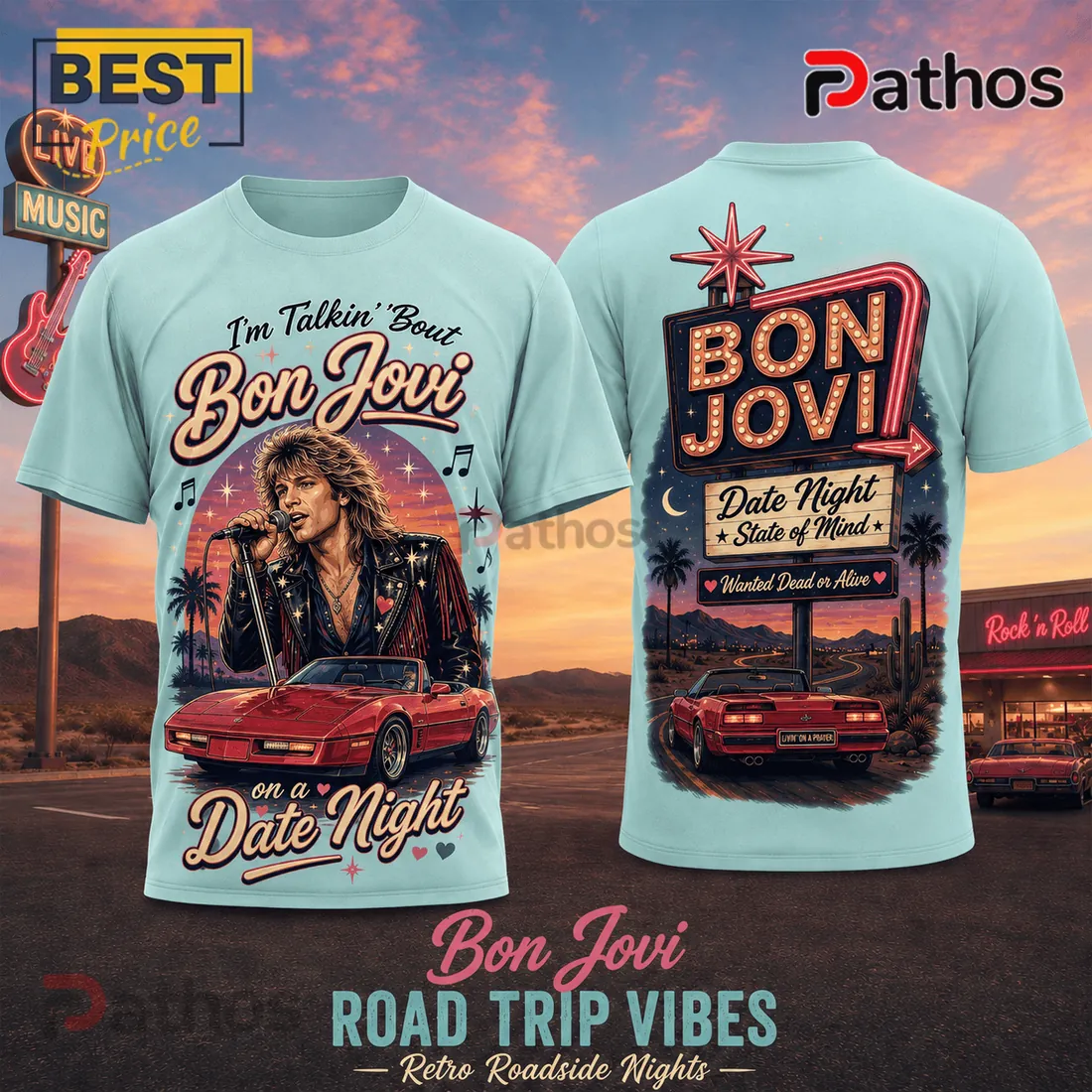 Bon Jovi Retro Roadside Nights Road Trip Vibes T-Shirt Bon Jovi Retro Roadside Nights Road Trip Vibes T-Shirt