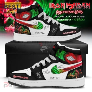 Custom high-top leather sneakers featuring Iron Maiden graphics, green and red accents, signatures, and white laces.!