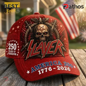 Slayer x America 250 Years 1776-2026 Anniversary Edition Baseball Cap 1 Red baseball cap featuring a skull, eagle, swords, and Slayer logo with text reading America 250 and 1776-2026.!
