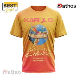 Karol G Tropitour Viajando Por El Mundo Tour Graphic T-Shirt 3 Karol G yellow and red gradient graphic t-shirt featuring a parrot, globe, and Alamodome concert text.!