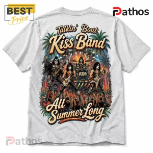 Grey t-shirt featuring KISS band graphic with tropical palm trees, stage, and text reading Talkin' Bout Kiss Band.!